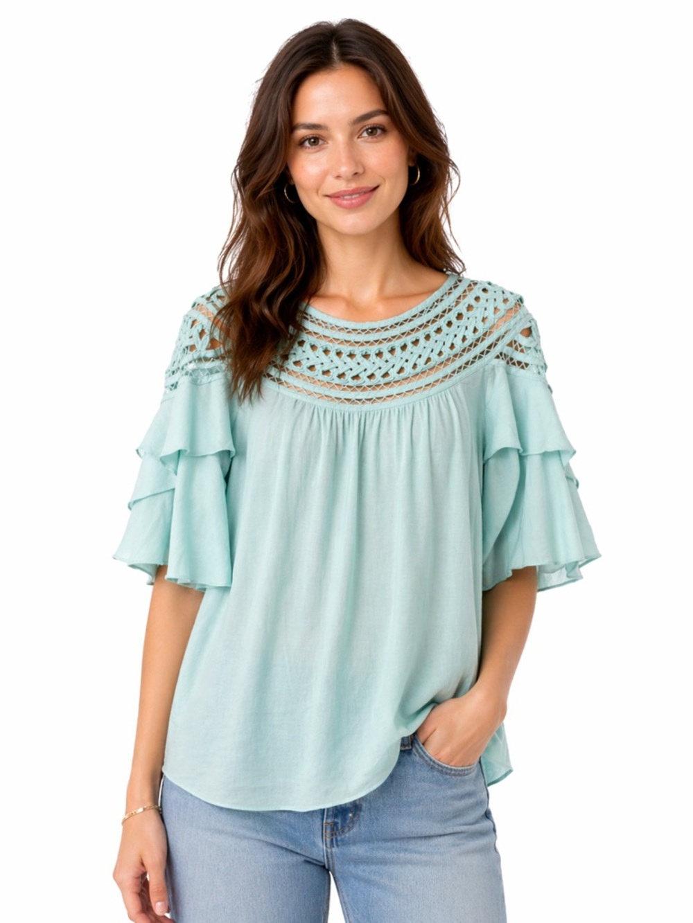 Esley Mint Crochet Yoke Ruffle Sleeve Blouse - 0429
